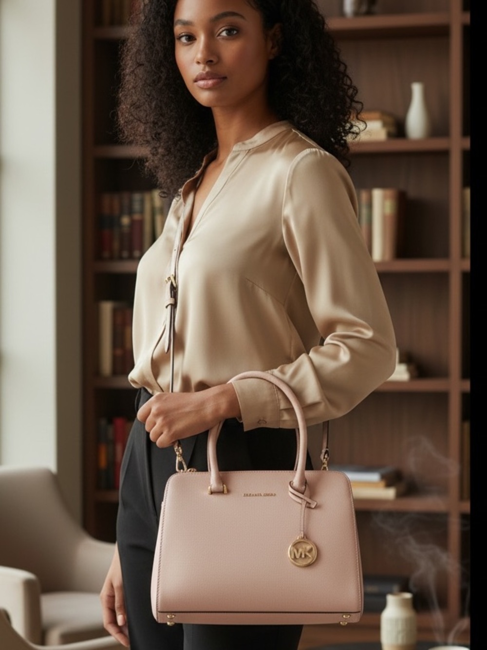 Michael Kors Blush Pink Leather Satchel with Gold-Tone Charm